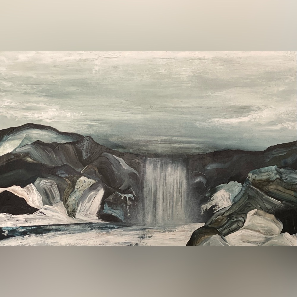 Abstract Waterfall Canvas Art in Gray and White